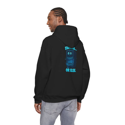 Retro Fridge Cabinet Hoodie — 'Stay in Line or Else' Graphic Pullover