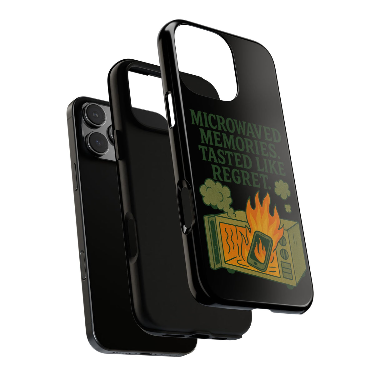 Microwaved Memories Phone Case — 'Microwaved Memories. Tasted Like Regret.' Retro Fire Design