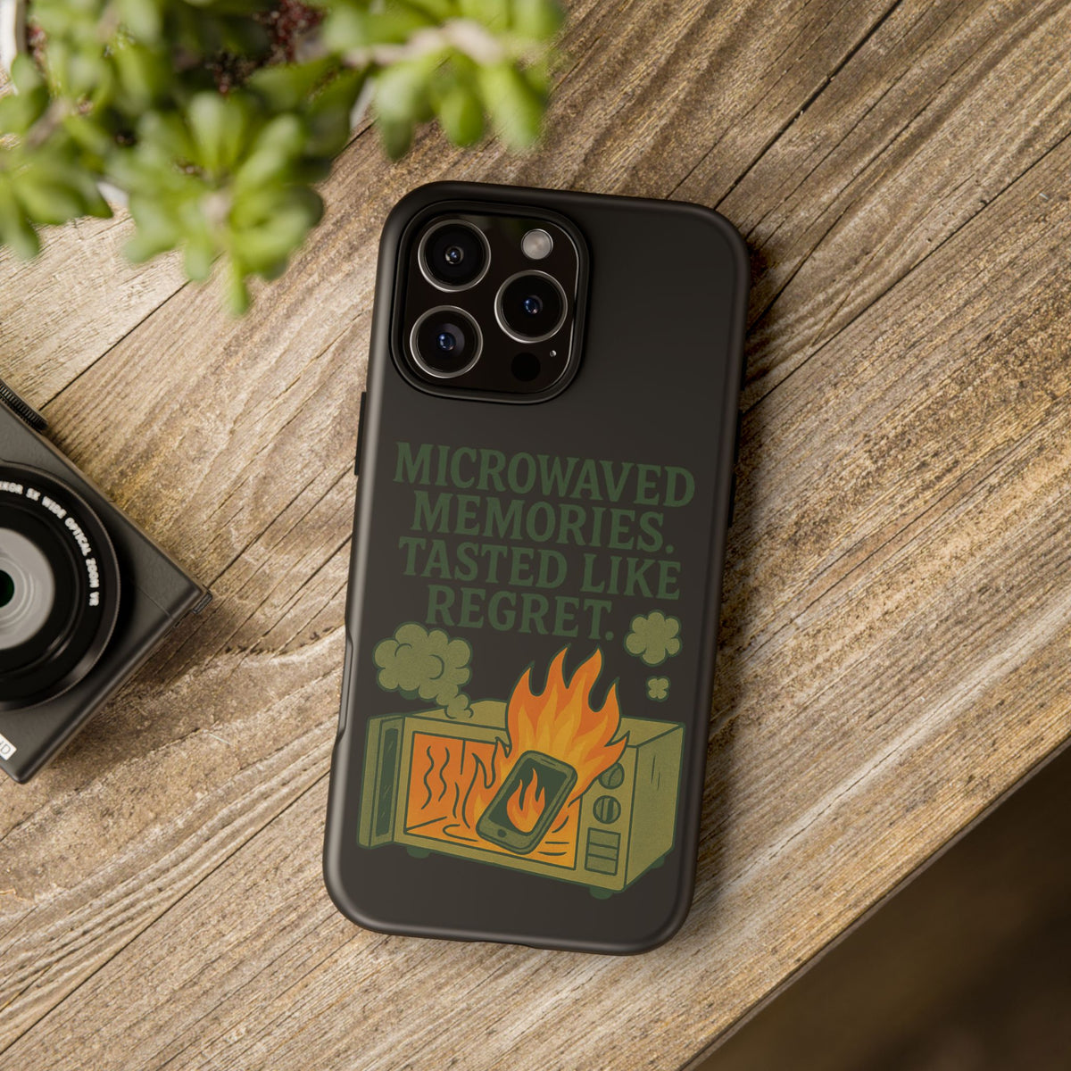 Microwaved Memories Phone Case — 'Microwaved Memories. Tasted Like Regret.' Retro Fire Design