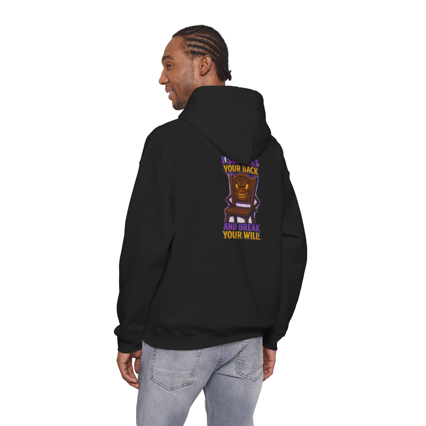 Horror Throne Hoodie — 'I’ll Watch Your Back and Break Your Will' Graphic Pullover