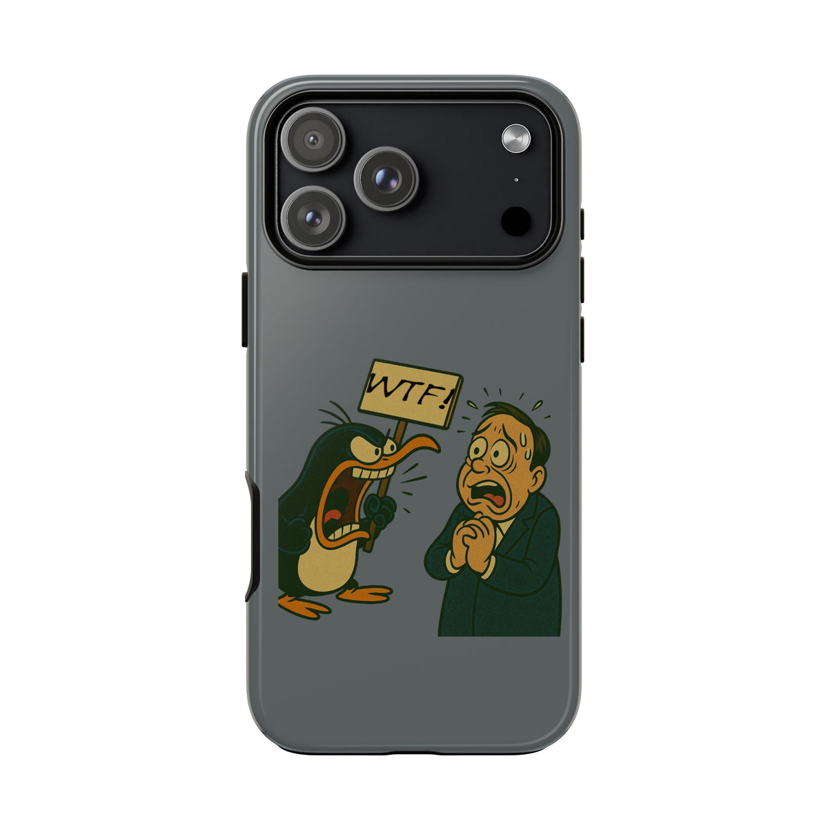 Phone Case - Cartoon Penguin Yelling 'WTF' at Shocked Man, Funny Protective iPhone Cover