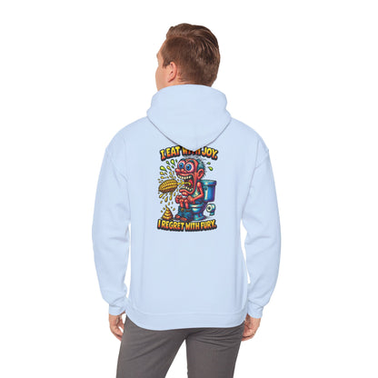 Toilet Trouble Hoodie — “I Regret With Fury” Graphic Hooded Sweatshirt
