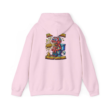 Toilet Trouble Hoodie — “I Regret With Fury” Graphic Hooded Sweatshirt